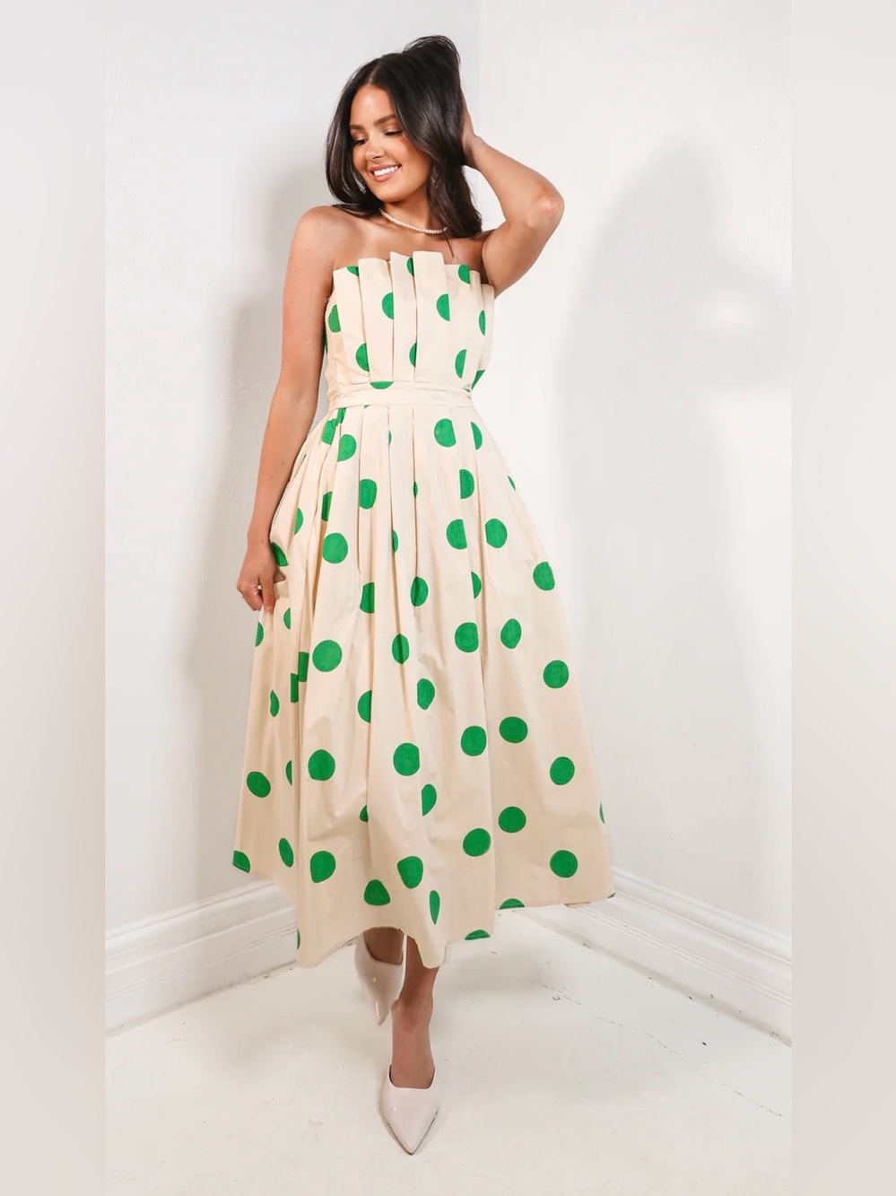 Entro Strapless Cream Midi Dress with Green Polka Dots Size Large